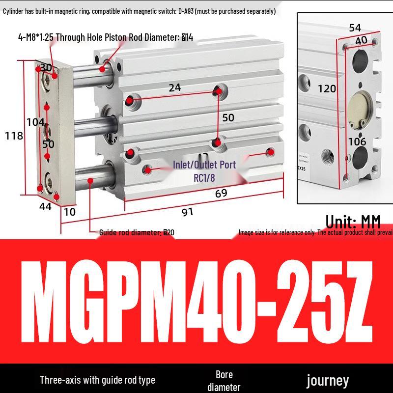 Compact Three-Axis Pneumatic Guided Rod Cylinder 12/16/20/25/32-10/20/40/50/75z