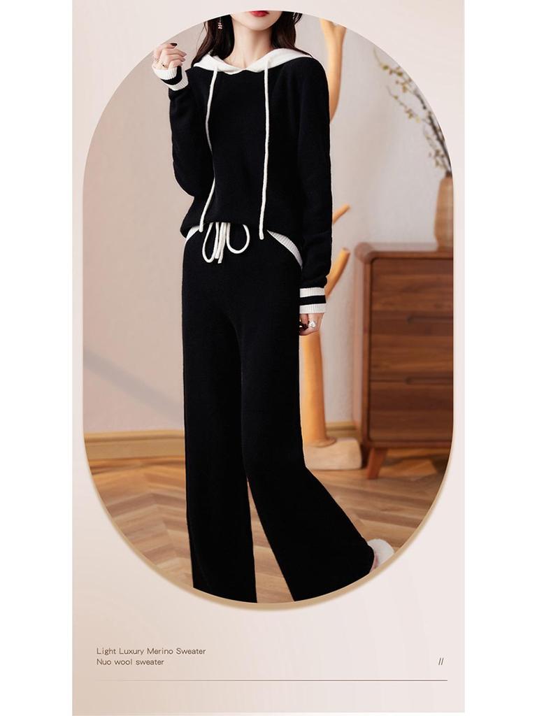 Women's Casual Color Block Hooded Wool Knit Sweatshirt & Long Pants Set - New Autumn Slimming Versatile Two-Piece