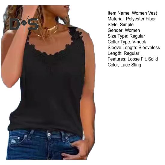 Dámská vesta s výstřihem do V, bez rukávů, krajkové tílko na ramínka, jednobarevná, volný střih, ležérní styl, letní vesta pro každodenní nošení