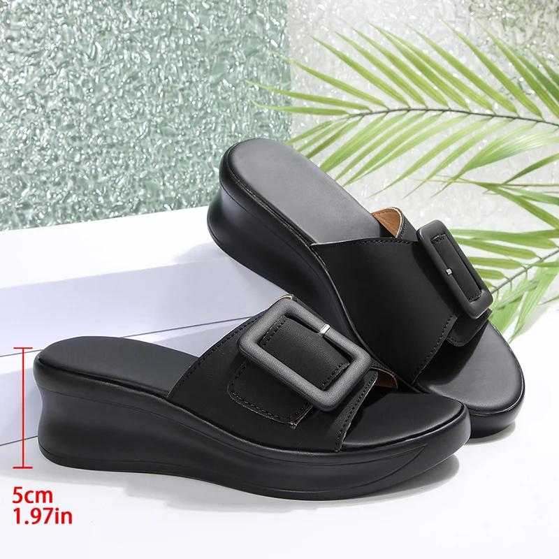 

Fashion Buckle Decor Wedge Slippers for Women Summer 2025 Comfort Non Slip Beach Slides Shoes Woman Lightweight White Platform Sandals 41