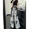 Women's High-Waist Wide-Leg Ink Wash Print Summer Trousers