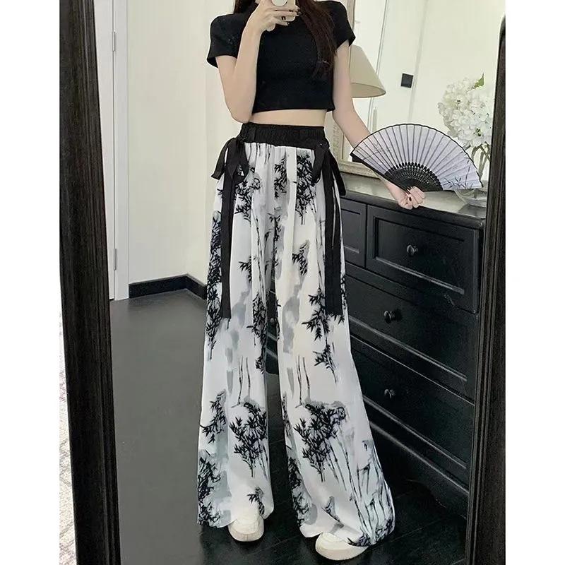 Women's High-Waist Wide-Leg Ink Wash Print Summer Trousers
