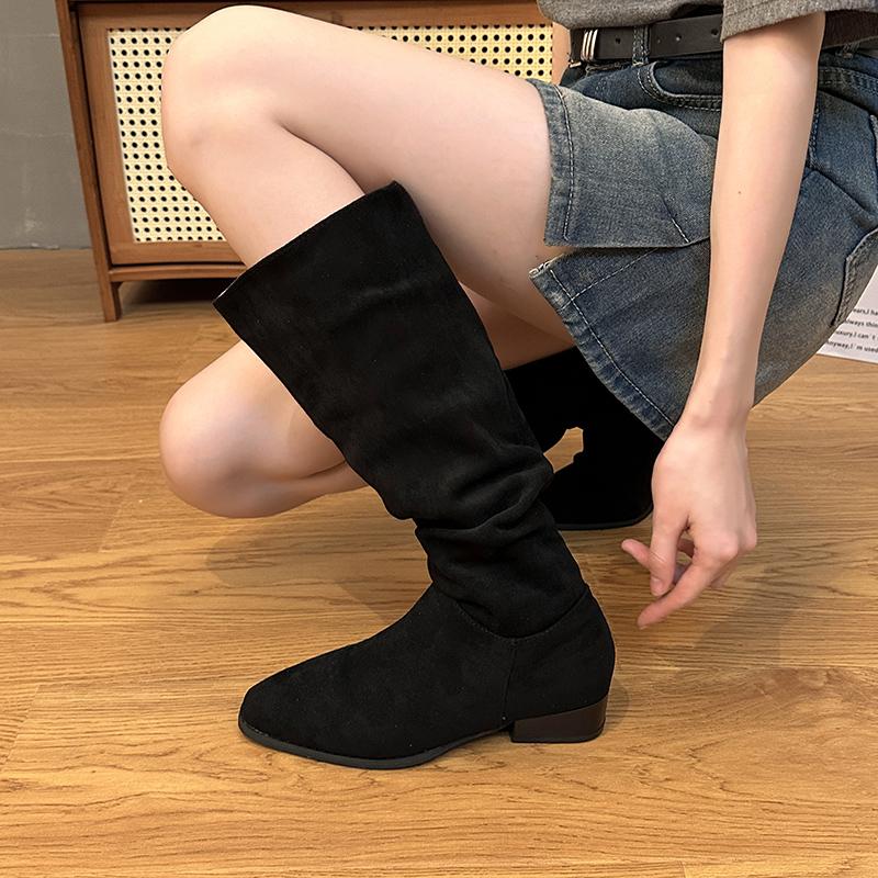 Fashion Boots for Women Spring Autumn Winter Western Cowboy Pointed Toe Brand Suede Leather Knee High Chunky Heel Comfy Walking Shoes