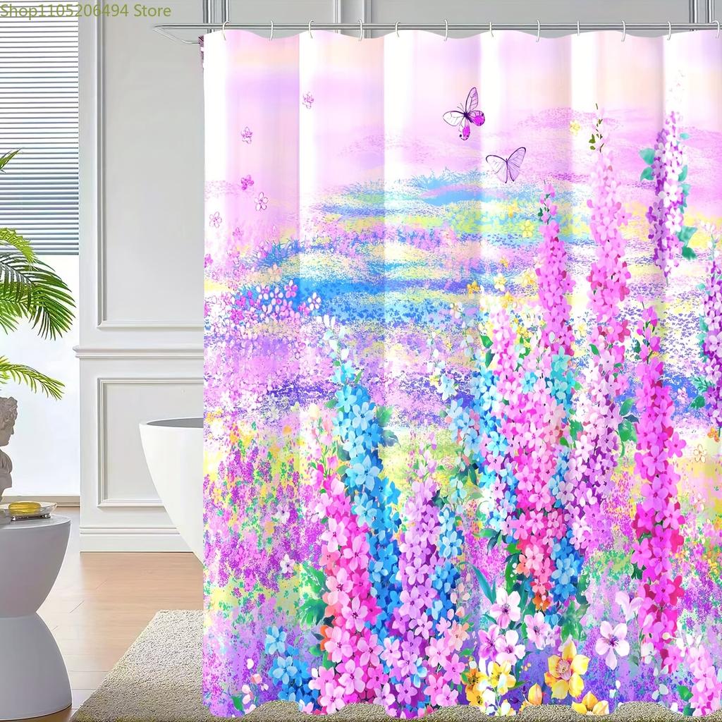 1pc Spring Pure Polyester Purple Flower Shower Curtain, Pure Polyester Fabric Shower Curtain with 12 Plastic Hooks, 182.88*182