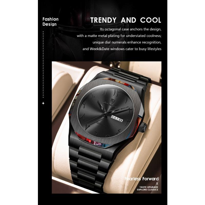 POEDAGAR Watch for Men Waterproof Luxury Week Calendar Wristwatch Quartz Stainless Steel Fashion Watches Male