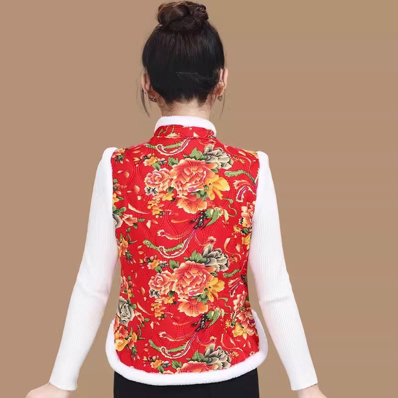 New Chinese Style Red Floral Padded Vest for Middle-Aged & Elderly Women - Thick Short Coat for Autumn/Winter