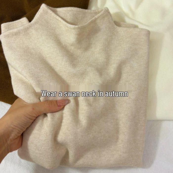 Temperament Slim Fit Knitted Sweater with Half High Neck and Straight Shoulders, Long Sleeves, Solid Color, Autumn Base Top.
