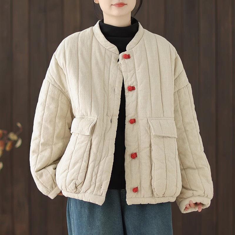 Cotton and Linen Women's Quilted Jacket Spring Autumn Retro Chinese Style Short Thick Casual Padded Coat Top