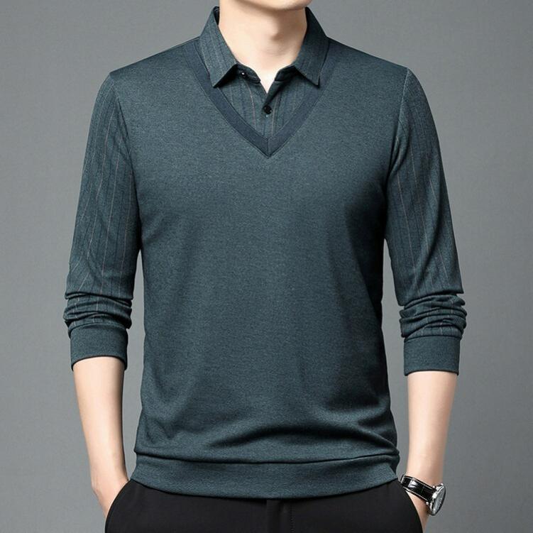 Men's Fake Two-piece Striped Polo Shirt Spring and Autumn Men's Loose Lapel Long-sleeved Shirt T-shirt