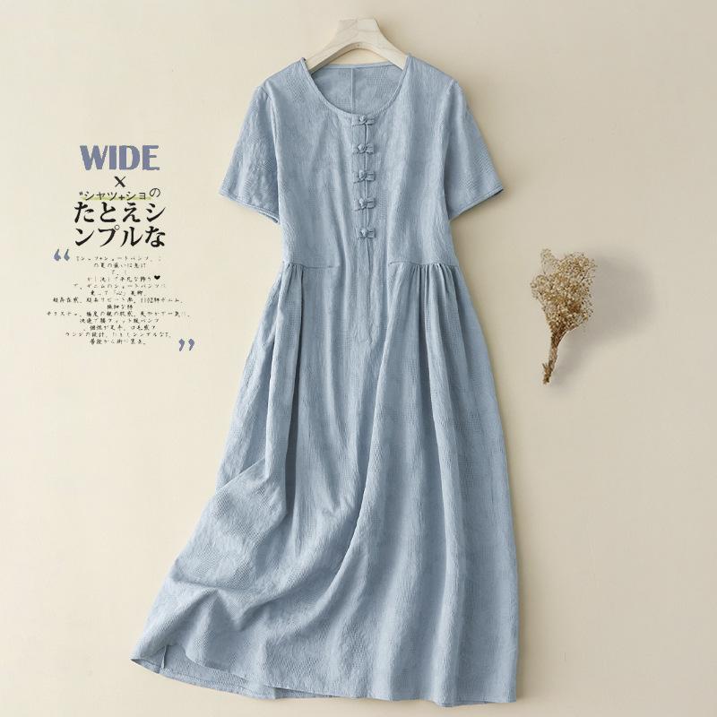 Women's Summer New Round Neck Short Sleeved Cotton and Linen Long Dress