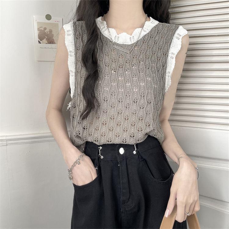 Hollow Sleeveless Vest for Women Niche Color Blocked Loose Knitted Vest Top