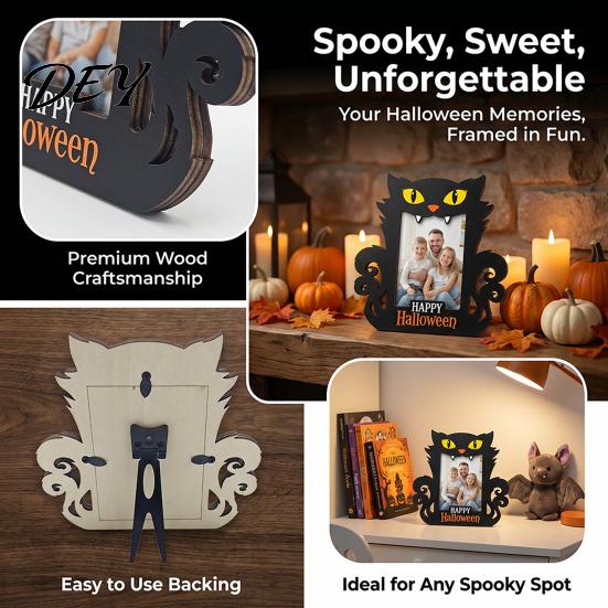 Thanksgiving Home Decor Halloween Wooden Photo Frame, Pumpkin Ghost Cat Cutout Picture Frame Holder, Double-sided Holiday Tabletop for Party Seasonal