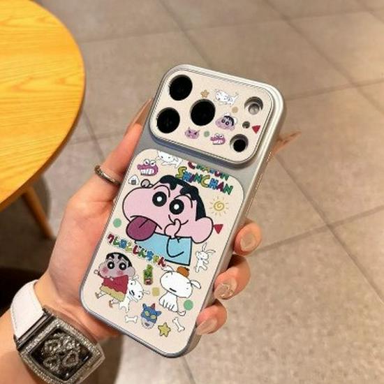 Shin-chan Full Coverage Compatible Apple Phone Case for 17 ProMax, Silver Frame, Corning Shell, Large Window, Personalized Design.