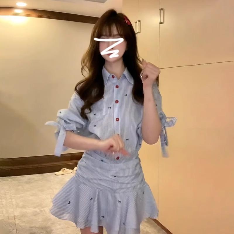 Academy Style Blue Striped Shirt Dress Children's Early Summer New French Temperament Waist Skirt