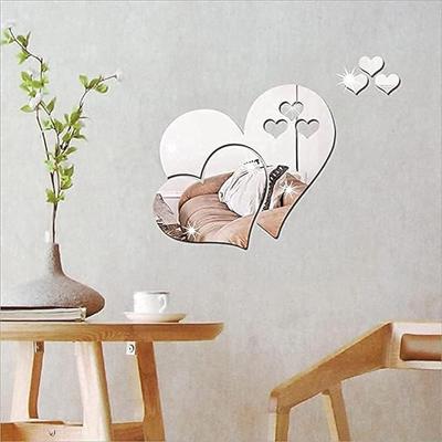 Autocolante de perete cu oglindă, 3D Crystal Double Love Heart Acrilic DIY Art Stickers de perete Acasă Sufragerie Baie TV decor de fundal, 5 buc(Argint)
