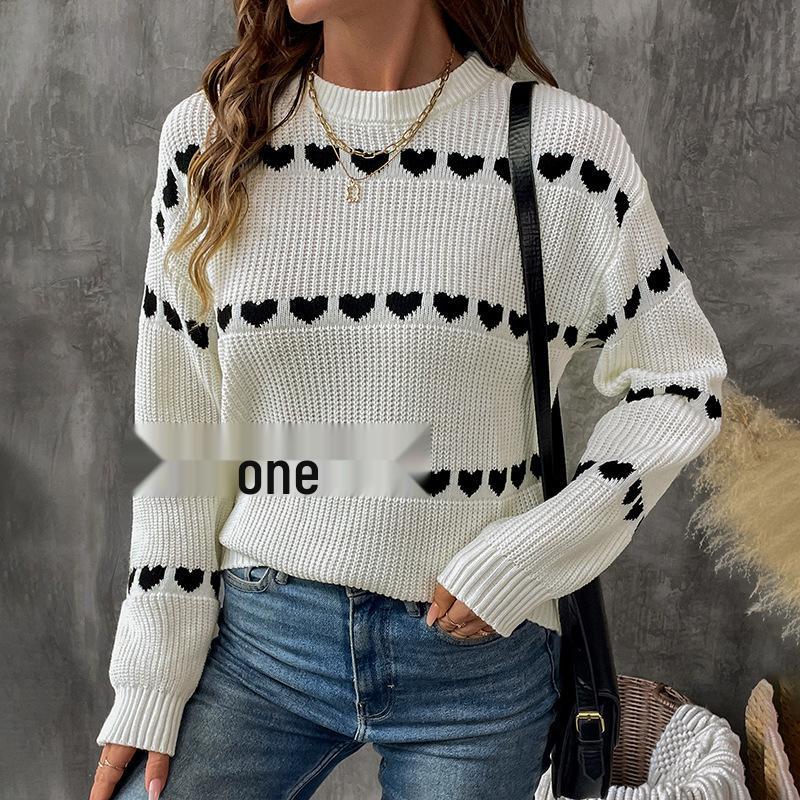 2026 Autumn/Winter Sweet Date Heart Pattern Knit Sweater for Women - Long Sleeve