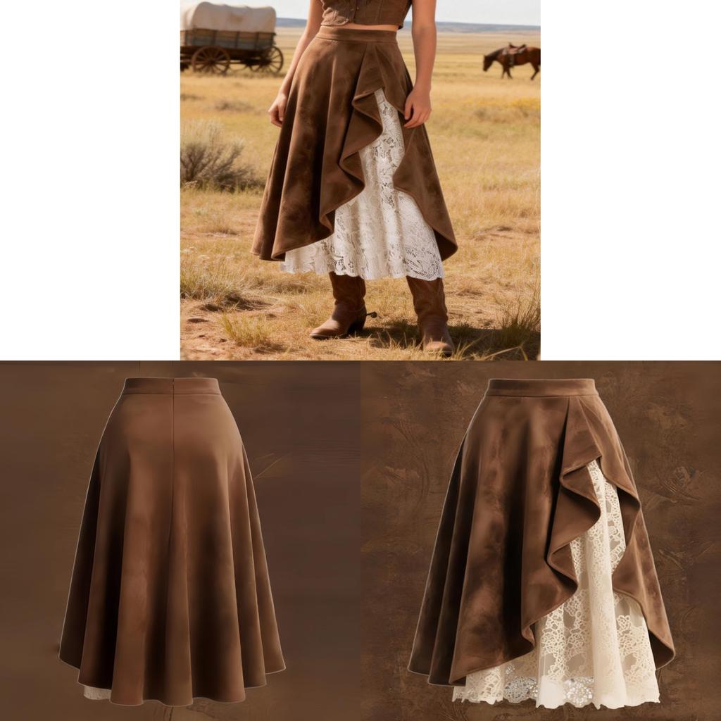 Vintage Western Leather Skirt With Lace Patchwork For Streetwear Fashion