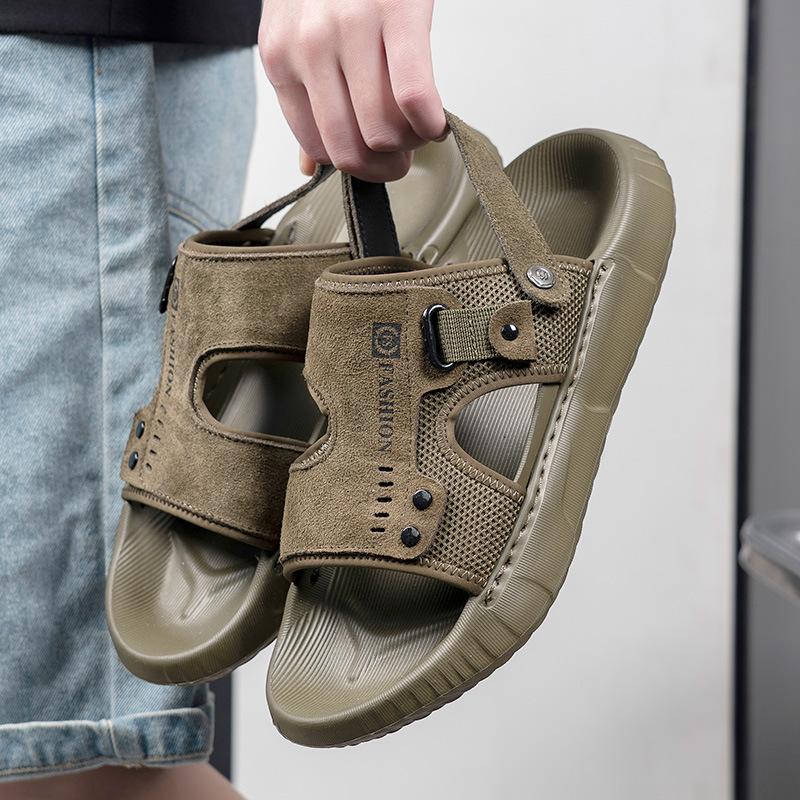 Men's sandals new leather platform dual-purpose slippers trendy versatile soft sole high elastic outer wear summer beach shoes men