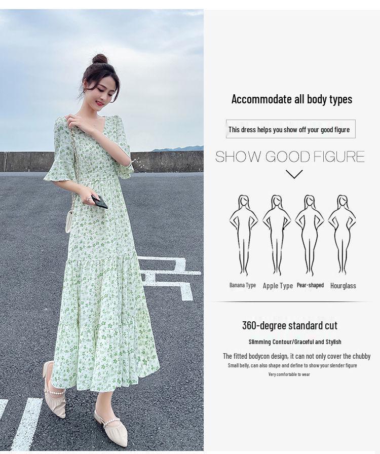 Women's Summer 2024 Floral French Retro Chiffon Long Dress - Over-the-Knee Cake Skirt