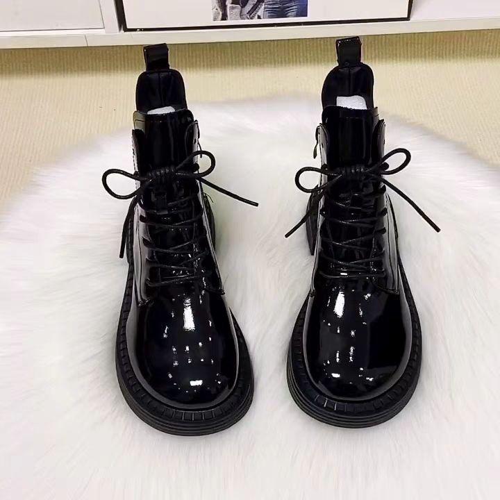 2025 Damen Lackleder Stiefeletten: Samtgefütterte, stilvolle Martin Schnee- & Motorradstiefel für Herbst/Winter.