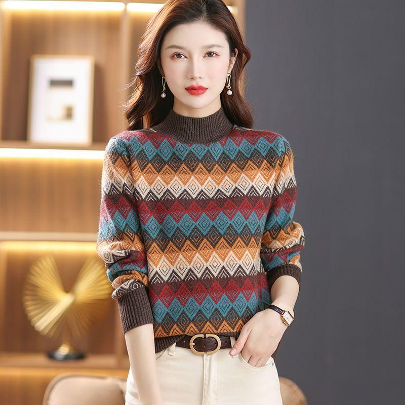 New Autumn Winter Fashion Rainbow Diamond Lattice Age-reducing Fashionable Thick Pullover Loose Half Turtleneck Knitted Sweater