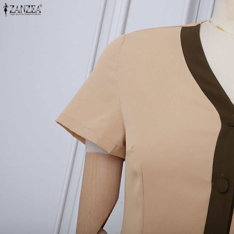 ZANZEA Damen Freizeit V-Ausschnitt Sommer Kurzarmkleid