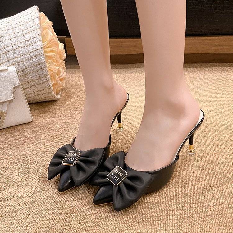 New Chinese high-heeled bag head slippers women's outer wear 2025 new spring and summer fairy style bow thin heel cool slippers