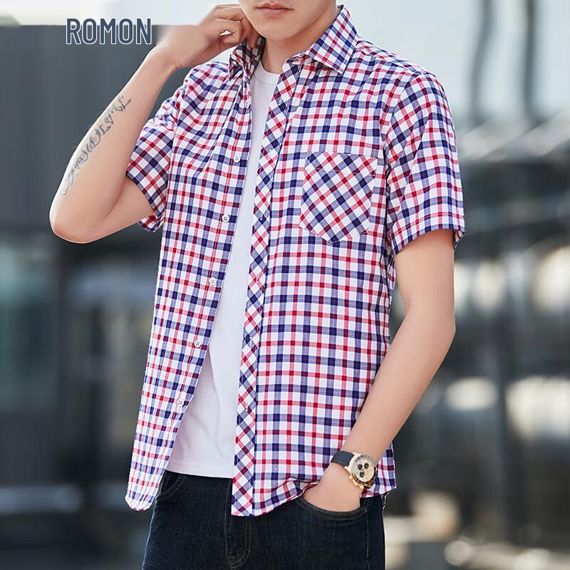 ROMON Men s Short Sleeve Plaid Cooling Casual Shirt 42
