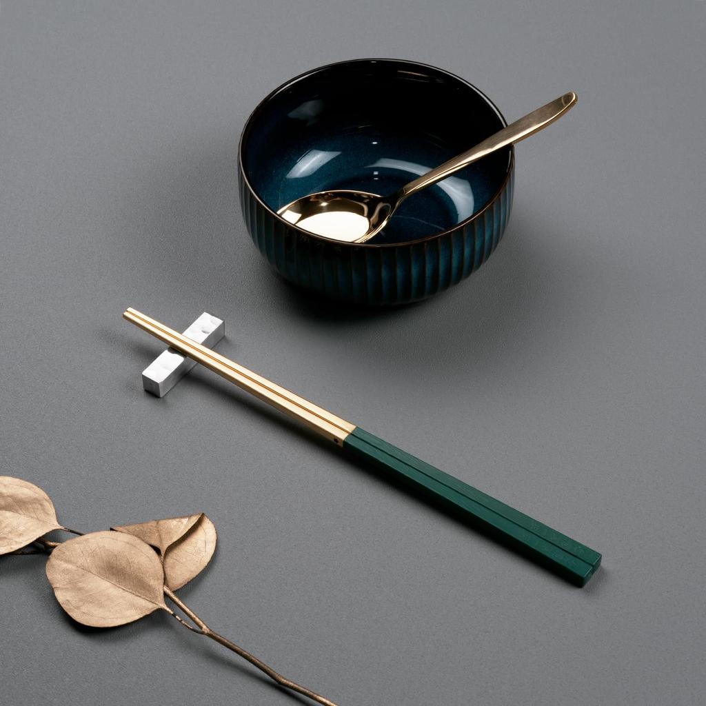 LAYANA Cutlery Luxury Gift for Celebrations and Stainless 23cm Chopsticks and Made In Taiwan Gold-Plated Set, Green, Anniversaries, SUS18/10 Steel,