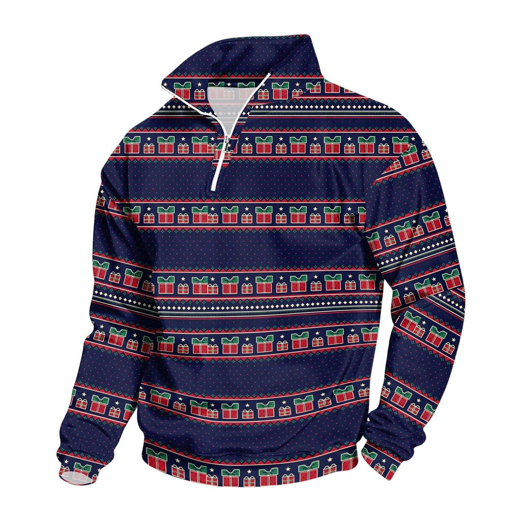 Men's Casual Quarter-Zip Stand Collar Sweatshirt with Christmas Print, Holiday Pullover