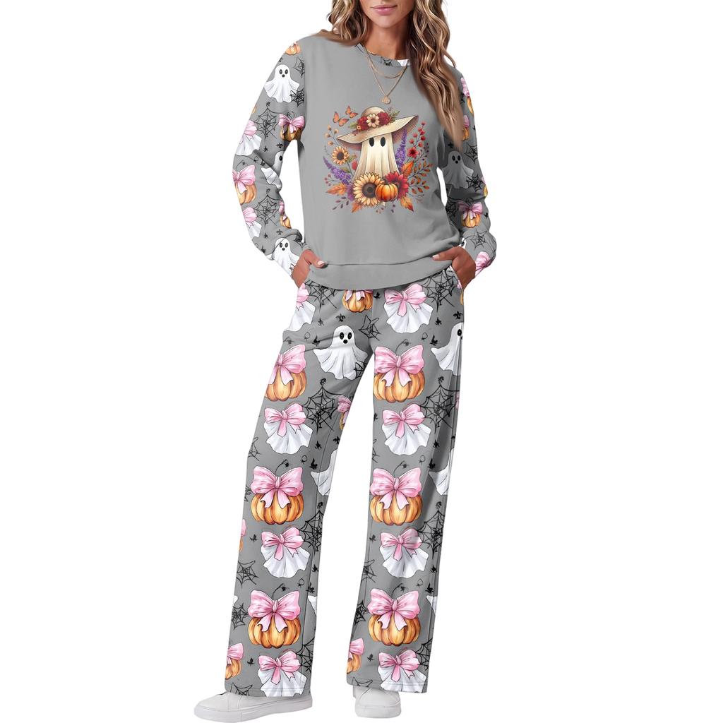 Women's Halloween Print Hoodie and Jogger Pants Set, Round Neck Loose Fit Casual Sweatsuit