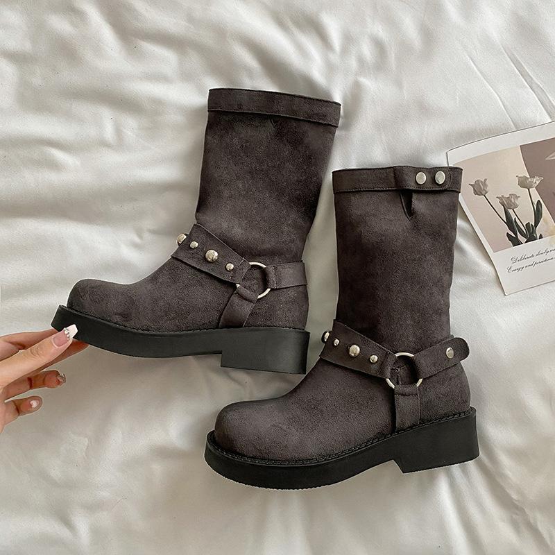 New spot British style thick heel Martin boots women's 2025 new western stacking boots metal buckle versatile thick bottom