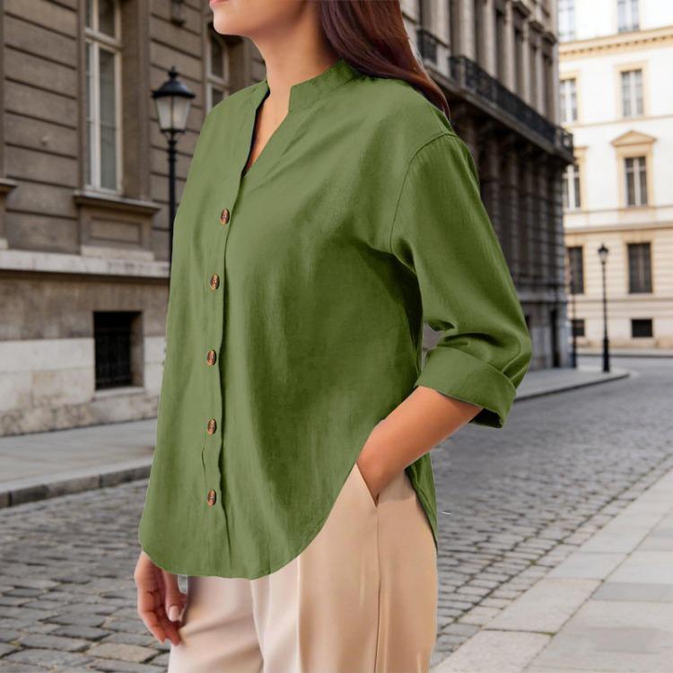 Lightweight Casual Blouse Loose Fit Button Down Shirt Long Sleeve Stand Collar Everyday Wear Relaxed Fit Women
