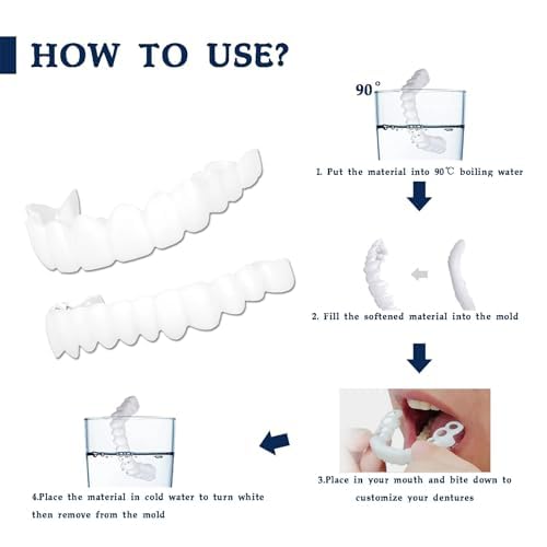 Two pairs of dentures, upper and lower dentures, temporary dentures for men and women, adjustable dentures, and natural, comfortable cosmetic crowns.