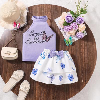 Girls' Fashion Sleeveless Top Two-piece Set 2025 Summer Children's Casual Floral Short Skirt Two-piece Set Vacation Beach