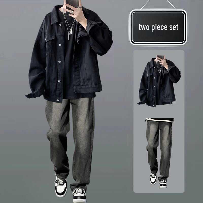 

Мужской весенне-осенний джинсовый костюм-двойка: Трендовая свободная куртка и джинсы в стиле хай-стрит L