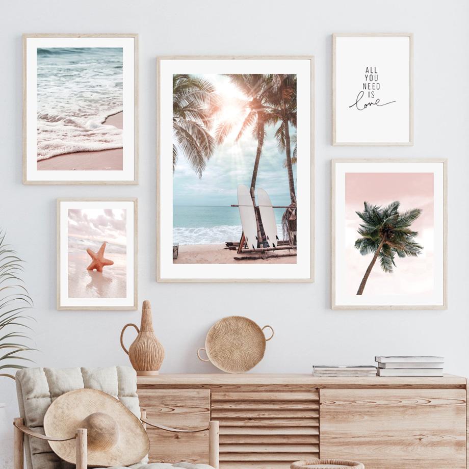 Tropical Pink Beach Shell Palm Tree Sun Posters Prints Canvas Painting Nordic Wall Art Pictures For Living Room Home Decor