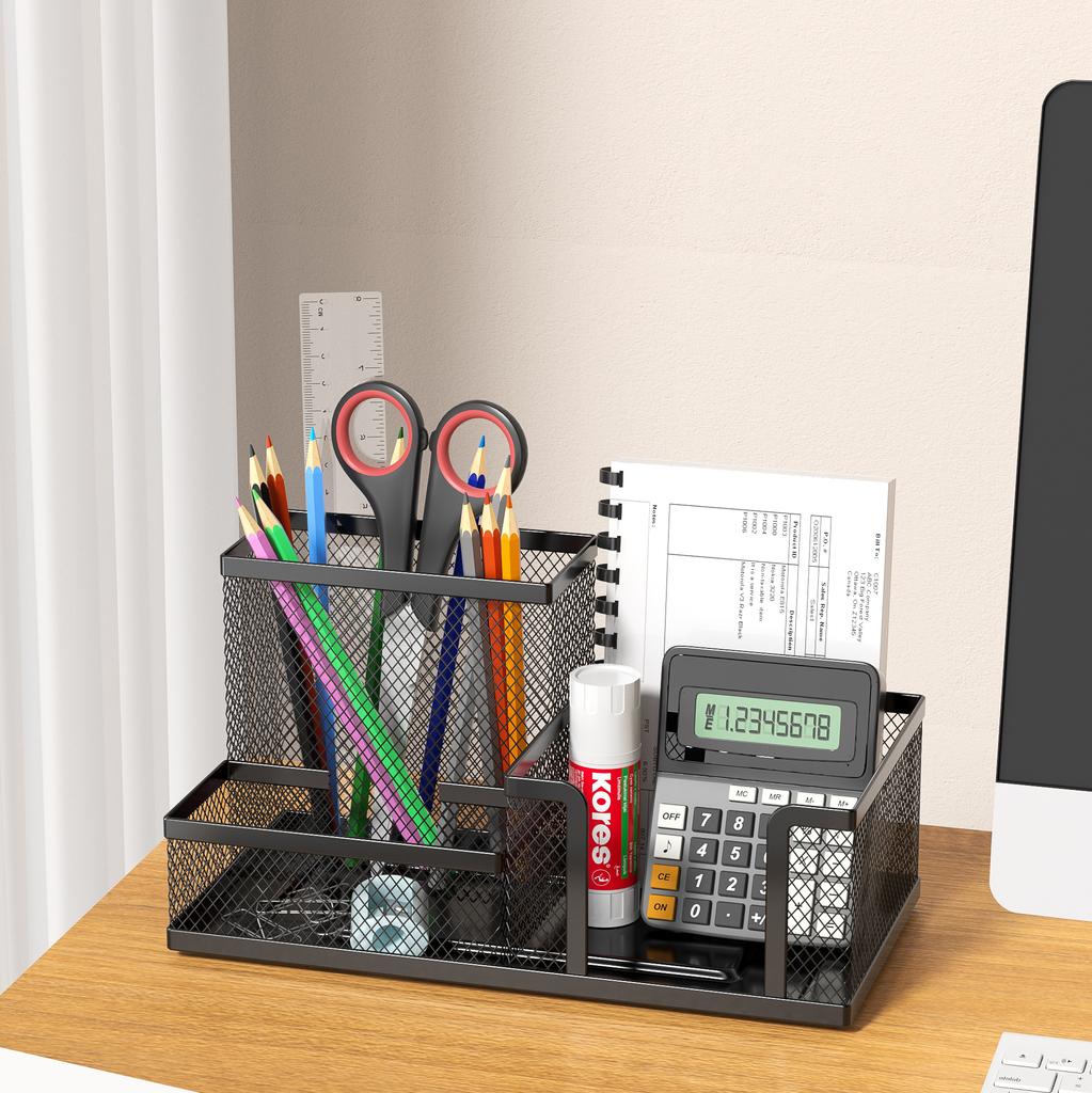 Black Mesh Desk Organizer - 3 Compartments With Pen Holder & Storage Baskets, Tame Office Supplies Clutter Fast