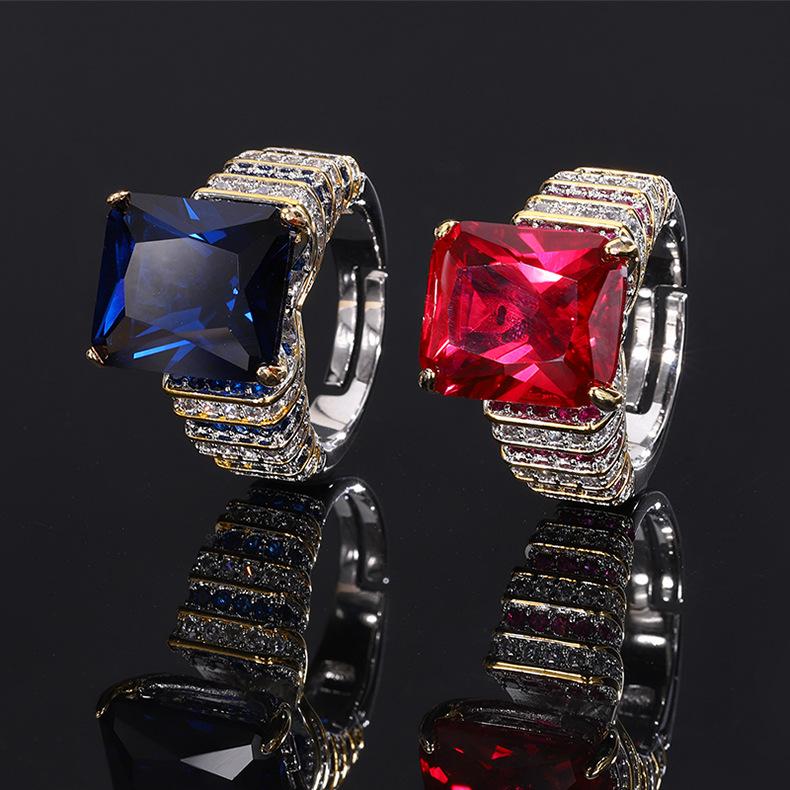 New Ring Jewelry Copper Bottom Gold Plated Live Broadcast Square Blue Red Color Treasure Zircon Cross Border Women's Style