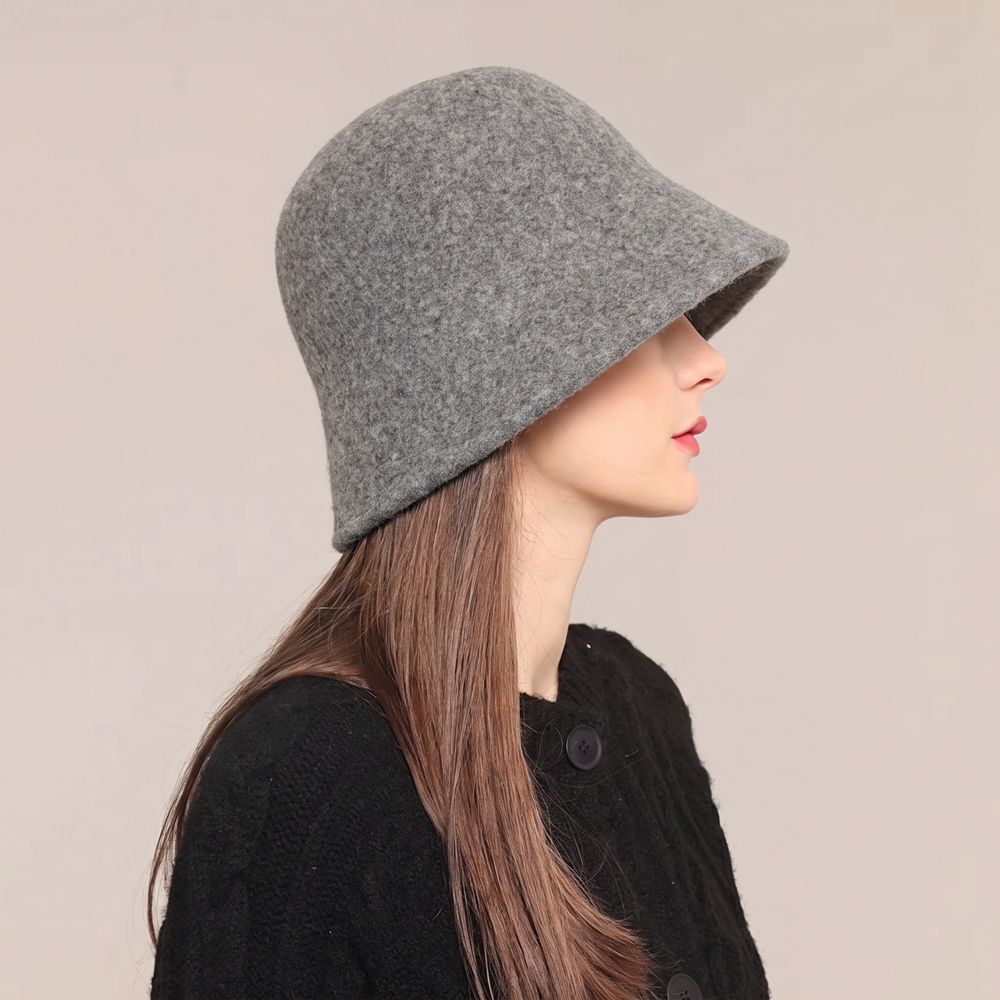 Solid Color Warm Bucket Hat Windproof Basin Hat Elegant Wool Fisherman Hat Women