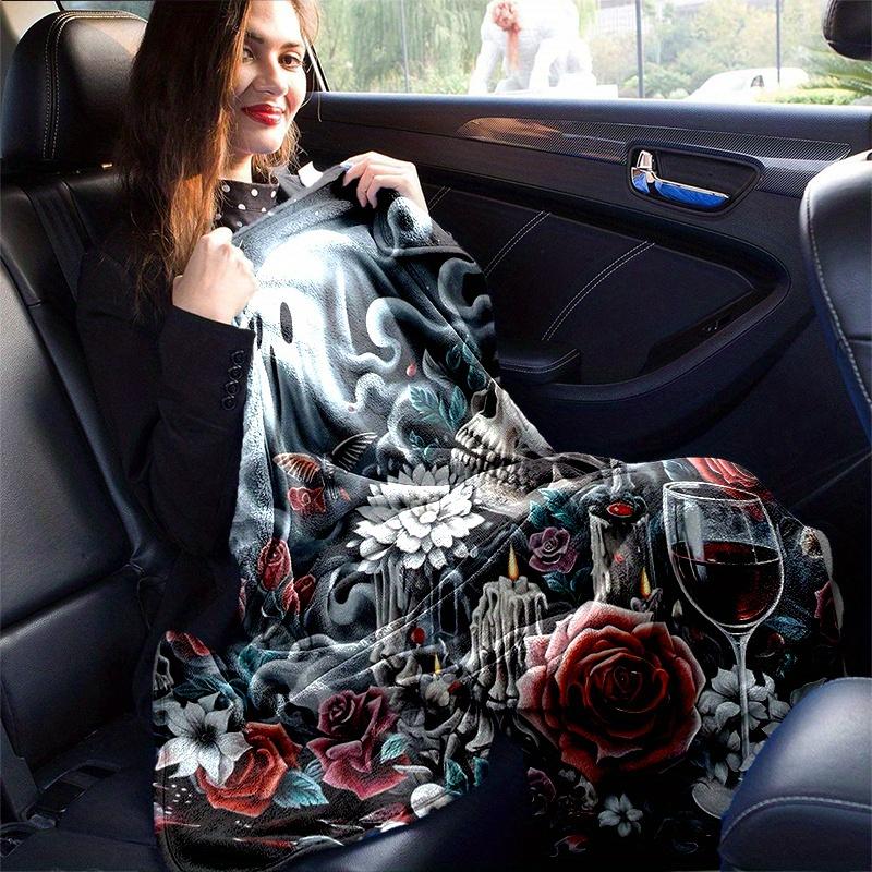 1pc Skulls Roses Candles and Wine Blanket Soft, Warm Cozy Bedding Decor, Living Room, Travel, Camping, Car Blankets