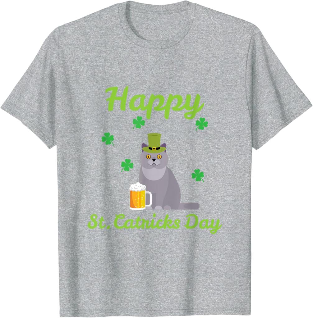 St Catricks Day Funny Cat Wearing Leprechaun Hat Beer Graphic Tee Casual TShirt