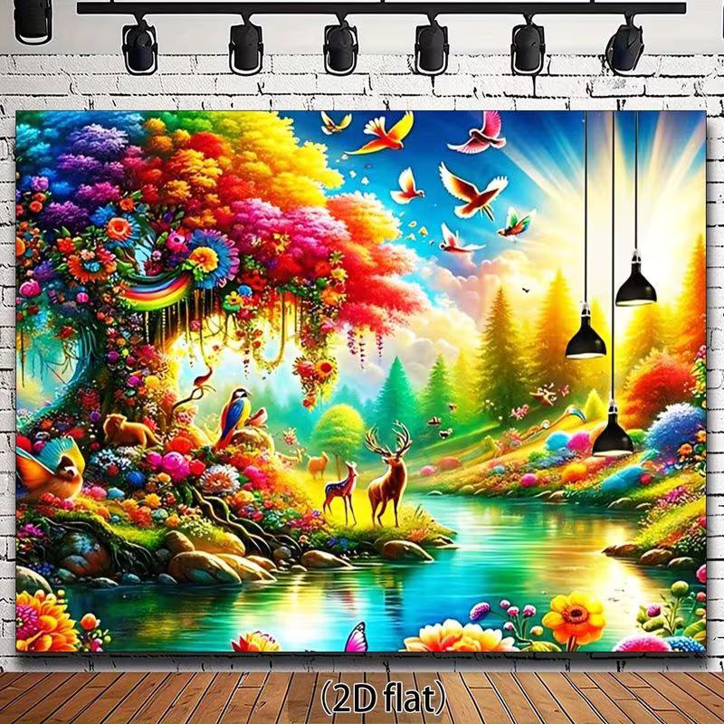 2D Fairy Tale Backdrop, Vibrant Forest with Rainbow Tree and Wildlife Background for Photoshoot