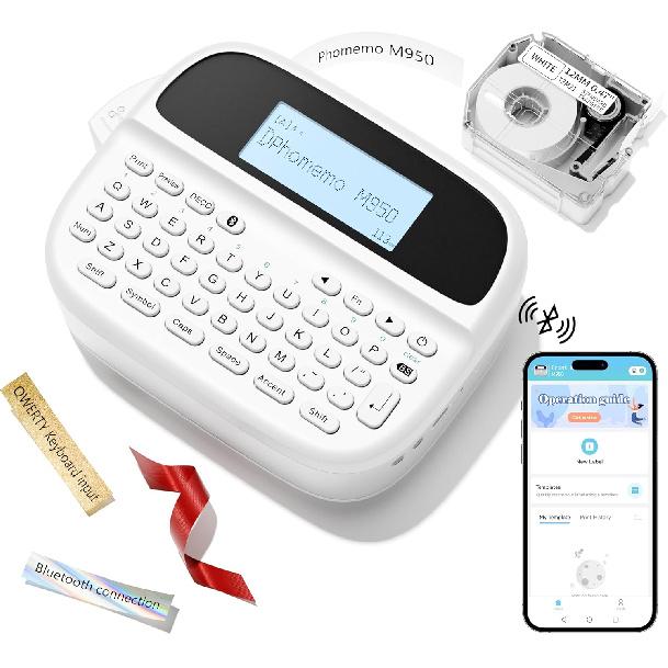 Phomemo Этикетировщик M950-Bluetooth Перезаряжаемый аппарат для печати этикеток с лентой, Этикетировщик с клавиатурой QWERTY, Ручной принтер этикеток, Заменить