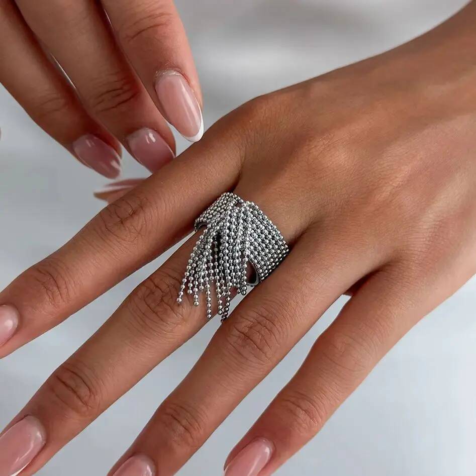 SHIXIN Fashion Stainless Steel Long Tassel Chain Open Rings for Women Charm Hip Hop Geometric 18K Gold Plated Wide Ring Jewelry