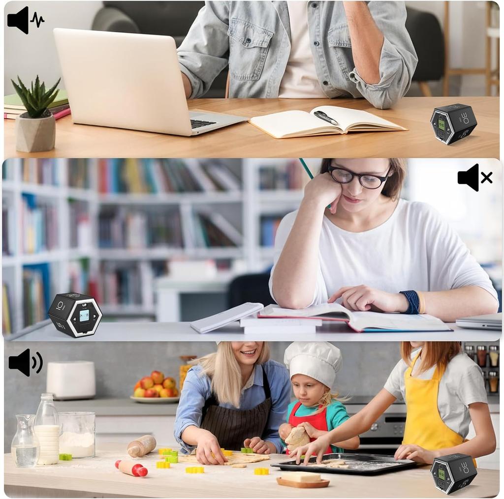 Flip Timer, Cube Countdown Clock with LCD Digital Display, Magnetic Suction, Mute Alarm Modes, Ideal for Study, Office, Gym, Kitchen, Black