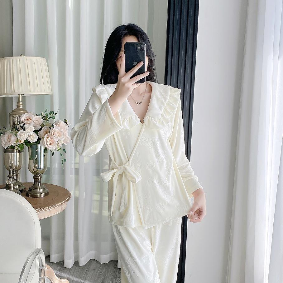 Warm island velvet winter pajamas spring and autumn long-sleeved trousers casual loose women's two-piece suit loungewear can be worn outside