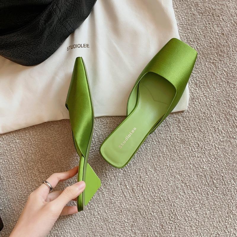 ~ Square Head Shallow Mouth Silk Satin Triangle and High-end Sandals Female Summer