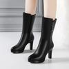 Women'S Boots Autumn Winter Fashion High Heel Round Toe Plush Soft Bottom Street Style Mid Calf Soft Leather Boots Office Mom