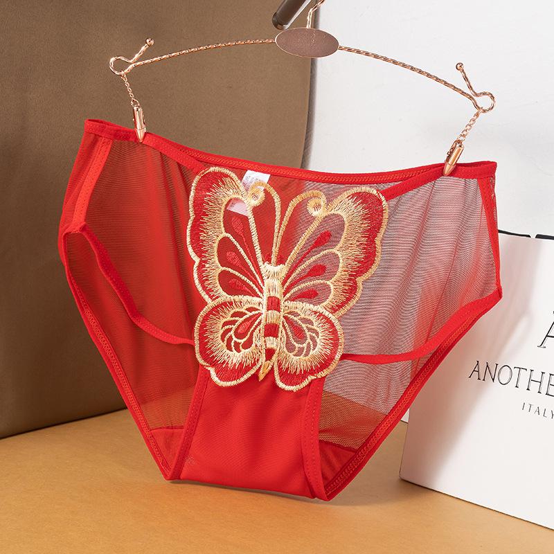 Plus-size Ladies Summer Lace Butterfly Embroidery Hollow Mesh Cotton Crotch Waist Panties